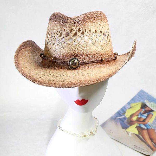 Beralar Western Straw Hat Nefes Boş Boş Out Geniş Brim Cowboy Caz Kapağı Kadın Erkekler