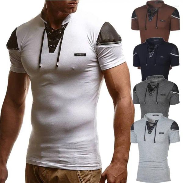 Camiseta masculina topos camisetas com cordão gola retalhos camiseta magro ajuste camiseta verão esporte treino camisas casuais roupas masculinas