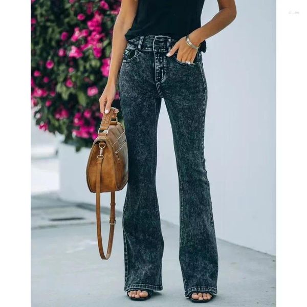 Calças de brim femininas mulheres outono vintage cintura alta flare casual denim calças senhoras sexy moda estiramento bolso calças largas perna preta