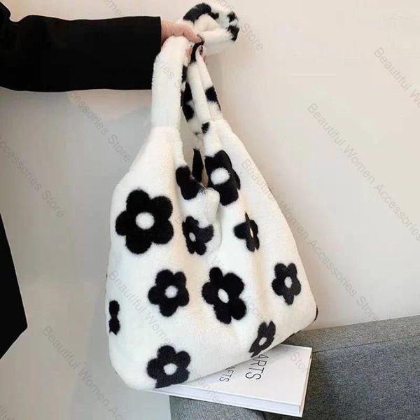 Marsupi Borsa a tracolla autunno inverno Peluche Borsa da donna minimalista con fiori carini Pelliccia per il tempo libero sotto l'ascella fresca e artistica