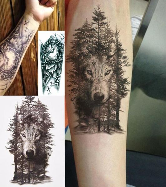 1 Stück Wasserdicht Temporäre Tätowierung Aufkleber Brust Uhr Wolf Wald Tatto Aufkleber Flash Tatoo Gefälschte Tattoos Für Frauen Männer T2007303321392