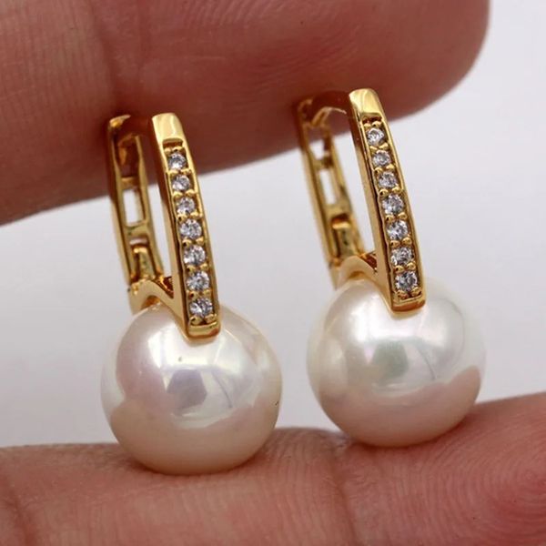 Echte Pendientes-Ohrringe aus 18-karätigem Gold, Harfe, Perlenohrstecker, Hufeisen für Frauen, Hochzeitsgeschenke, 240109