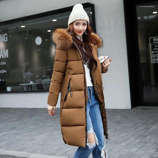 Trench da donna Cappotto Parka con cappuccio in pelliccia Capispalla di alta qualità Giacca Parka nera Mid-lunga donna Piumini spessi caldi 2024 Donna