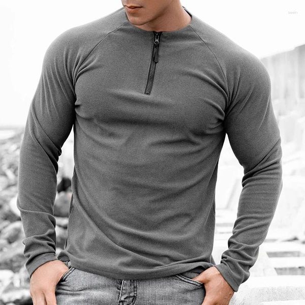 Homens camisetas 2024 Slim O-pescoço Zipper Tops Primavera Outono Muscle Elástico Homens Roupas Casuais Sólidos Manga Longa Pulôver Tees para Homem