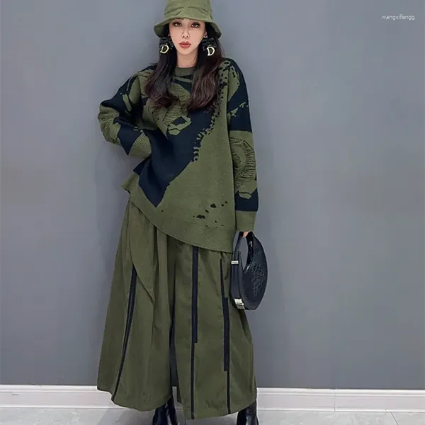 Pantaloni da donna Elegante abito verde militare Set modello maglione lavorato a maglia e gamba larga per l'autunno inverno Abbigliamento Kit Conjunto De Mujer