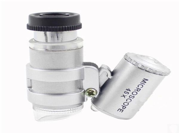 Microscópio 45x joalheiro lupa jóias lupas mini lupas microscópios de bolso com luz led bolsa de couro lupa3345571