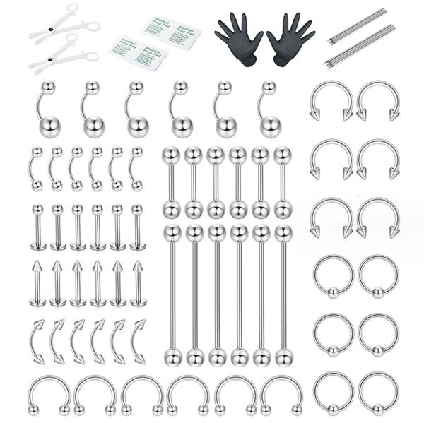 60-teiliges Piercing-Schmuckset mit Piercingnadeln für Nase, Septum, Bauchnabel, Lippe, Ohr, Zunge, Knorpel, Augenbraue, 240109