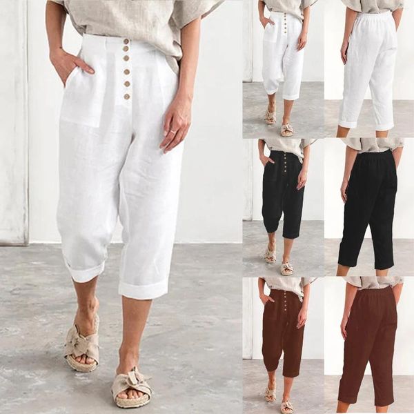 Calças femininas branco algodão linho solto cordão perna larga calças de cintura alta botão frontal até bolso calças femininas capri