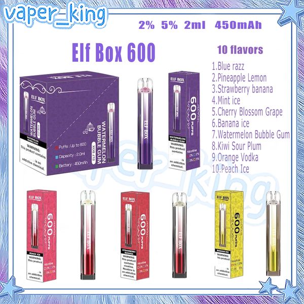 Elf Box 600 Puff Sigarette elettroniche usa e getta Bobina a rete Pod da 2 ml Batteria da 450 mAh Cigs elettronici Puff 600 2% 5% 10 sapori Vape Pen Comodo da usare