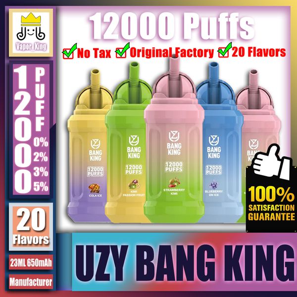 Оригинал UZY Bang King 12000 12K Puff 12000 12K Puff Перезаряжаемая электронная сигарета 0/2/3/5% Одноразовая ручка для вейпа 23 мл Предварительно заполненный аккумулятор 650 мАч JODK BOX