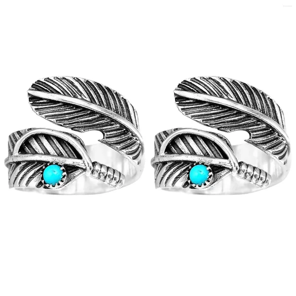 Anéis de cluster 2 pcs mulheres homens liga atraente aniversário pena turquesa elegante atraente festa polegar anel ajustável abertura namoro