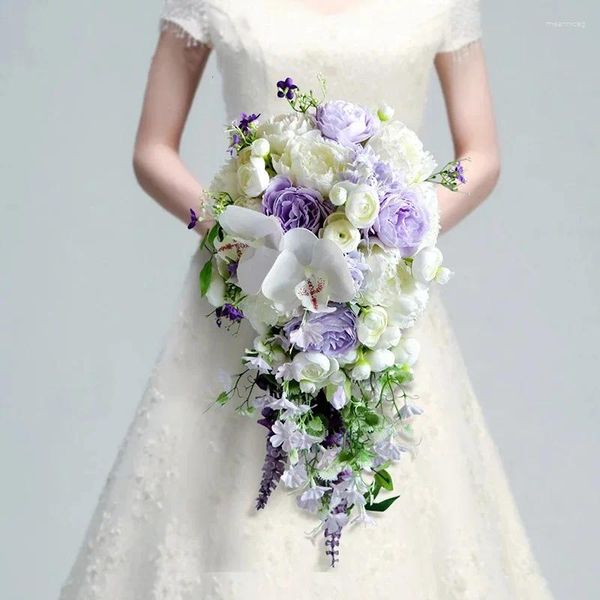 Dekoratif Çiçekler Düğün Su Damla Stili Gelin Buket Yapay Beyaz Mor Çiçek Lavanta Şelaleleri Yeşil