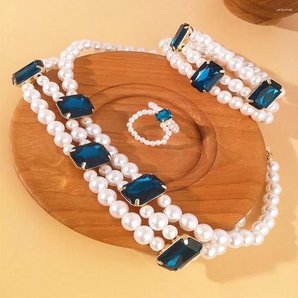 Collana Orecchini Set Moda Donna Corte Perla Colorata Collezione di anelli con pietre preziose Dolce stile romantico Matrimonio Festival Indossare gioielli