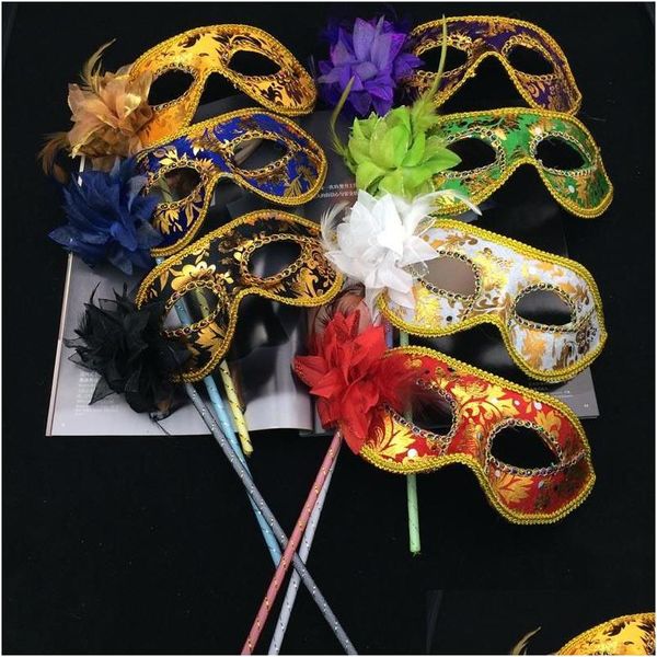 Máscaras de festa artesanais com vara casamento veneziano meia face flor máscara halloween masquerade princesa dança 6 gota entrega dhh6k