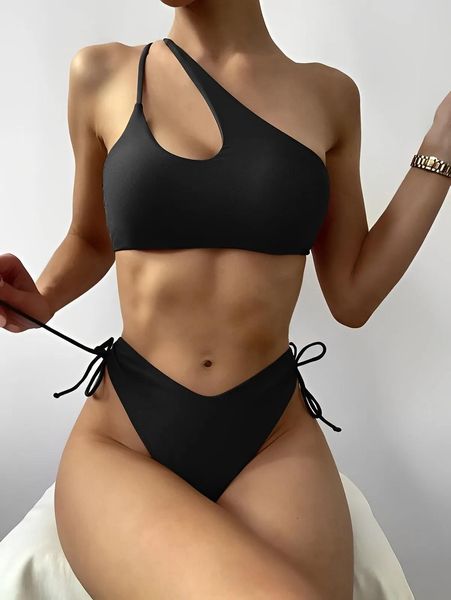 Conjunto de biquinis de um ombro 2023 mulheres cortar string maiô sólido sexy banho feminino banhistas natação terno beachwear