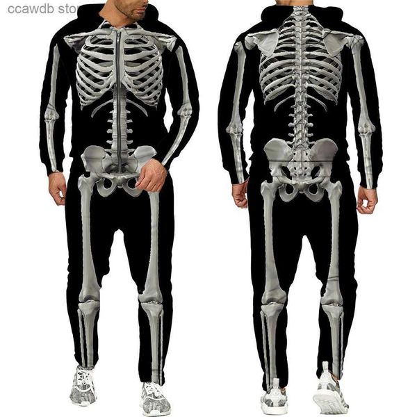 Men's Tracksuits Halloweeen Cosplay Esqueleto Spranchna 3D em todo o zíper imprimido TRABALHO DE TRABALHOS Mens calças 2 PCs Definet Streetwear Ternos T240110