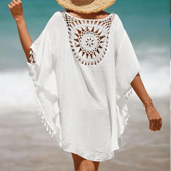 Imposta nuovo in spiaggia per le donne a maglia da spiaggia da spiaggia indossare una tunica frangia solida signore da bagno bianco costume da bagno