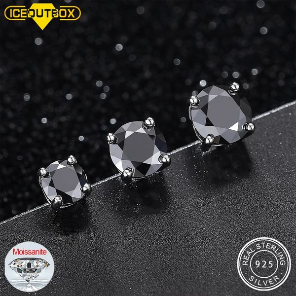 Real 052 Black Stud Earrings For Men Women Solid 925 Sterling Silver Solitaire Diamond Round Jewelry 240109