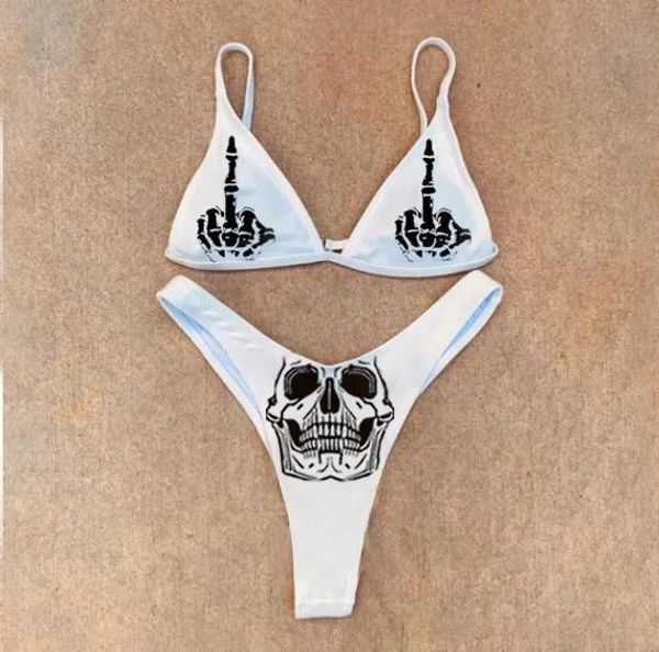 Conjunto novo preto e branco sexy goth emo feminino duas peças crânio impressão biquíni terno de banho dividido cintura alta gótico maiô praia