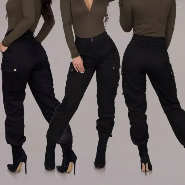 Женские брюки, модные женские однотонные военные брюки-карго, черные брюки-карго с высокой талией, женская одежда, уличная одежда