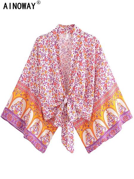 Cover-up boho kimono cardigan curto robe maiôs moda feminina rosa floral batwing mangas rayon boêmio bikini cover ups beachwear