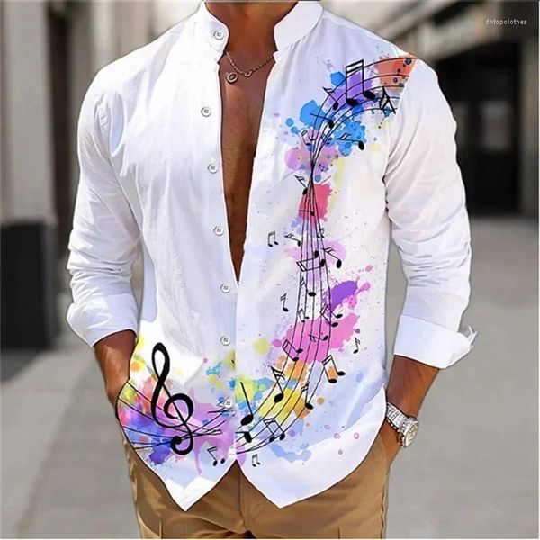 Camicie casual da uomo Estate 2024 Camicia a maniche lunghe Nota musicale Stampata in 3D Colletto alla coreana Cardigan monopetto hawaiano 6XL