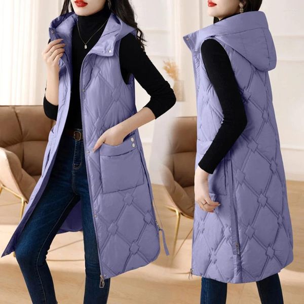 Damenwesten Mode Herbst Winter ärmelloser Mantel Frauen warme lila Weste Jacke lange Weste schlanke weibliche Daunenbaumwolle mit Kapuze Outwear