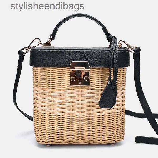 Umhängetaschen Damen Lederband Single-Shoulder-Crossbody-Tasche Handgefertigte, modische, natürliche, gewebte, runde Rattan-Handtaschenstilvolle Taschen