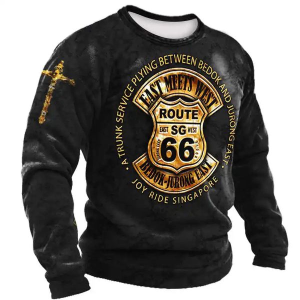 Camiseta masculina vintage manga longa algodão top tees EUA Route 66 Carta Gráfico 3D Impressão T-shirt Queda Oversized Roupas Soltas 5XL 240109