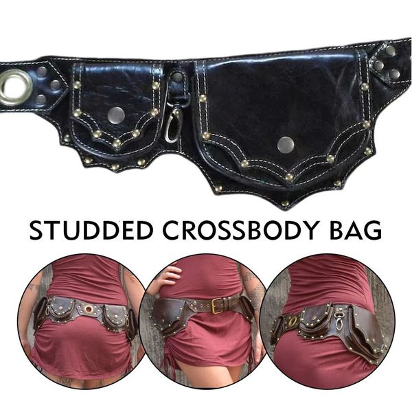 Cintura multiuso in pelle PU Steampunk medievale vintage da donna Marsupio con doppia borsa rivettata Tasca per sport all'aria aperta 240110