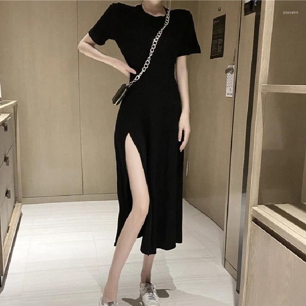 Vestidos casuais mulheres vestido verão vintage sexy backless preto manga curta longa de uma peça coreana elegante sólida cintura fina feminina