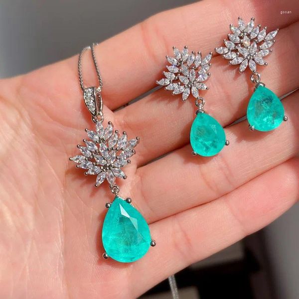 Halskette Ohrringe Set EYIKA Wunderschöne Silberfarbe Wassertropfen Blume Paraiba Turmalin Zirkon Ohrring Anhänger Frauen Feiner Hochzeitsschmuck