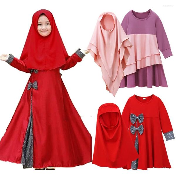 Etnik Giyim 2 PCS Abaya Çocuk Kızlar Müslüman Hijab Khimar Dua Maksi Elbiseler Set Türkiye Kaftan Arap Cobre İslami başörtüsü Eid Ramazan