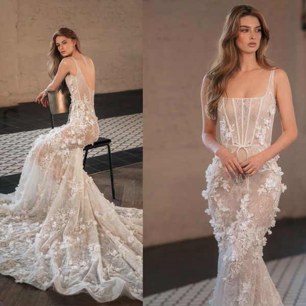 Fantasia senza spalline Abiti da sposa a sirena Vedere attraverso Abiti da sposa senza schienale Applicazioni floreali 3D Illusion Sweep Train Abito da sposa