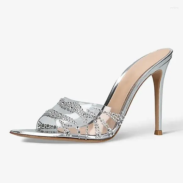 Sandali Pantofole con tacco alto a punta in PVC trasparente Scarpe con tacco da donna impreziosite da cristalli Nero Argento
