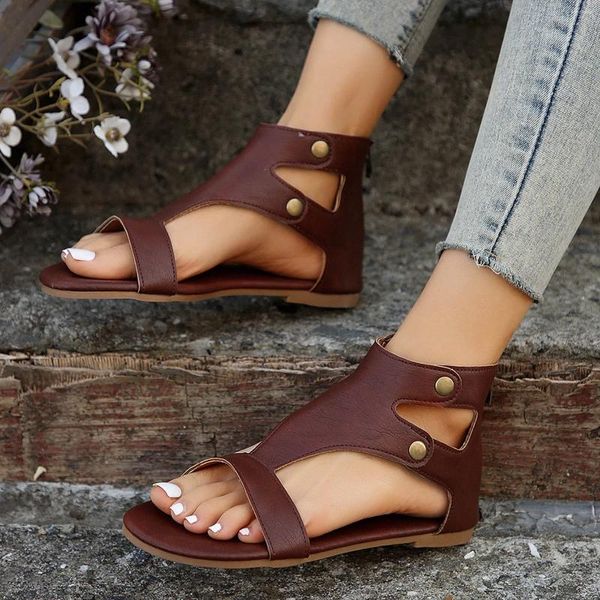 Сандалии с открытым носком и открытой молнией сзади, однотонные женские туфли на плоском каблуке, классные тапочки в стиле ретро, женская обувь в римском стиле