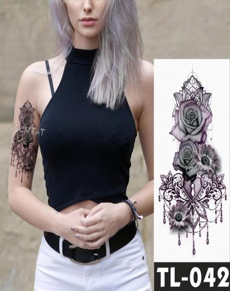 Gefälschte temporäre Tattoos Aufkleber dunkelrosa Blumen Arm Schulter Tattoo wasserdichte Frauen Flash Tattoo auf Körperkunst D190112021143325