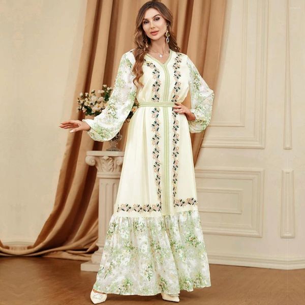 Roupas étnicas Caftan Marocain Femme Festa Noite Cetim Cinto Muçulmano Abaya Lace Fita Impressão Dubai Árabe Robe Africano Mujer Vestido