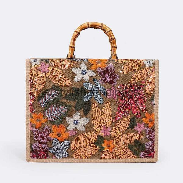 TOTES Vintage Bambu Tapı Kadın Çanta Sapıkları Nakış Tote Çantalar Sıradan Keten Büyük Kapasite Yaz Plaj Çantası Büyük Kadın Takip StiliseseenDibags