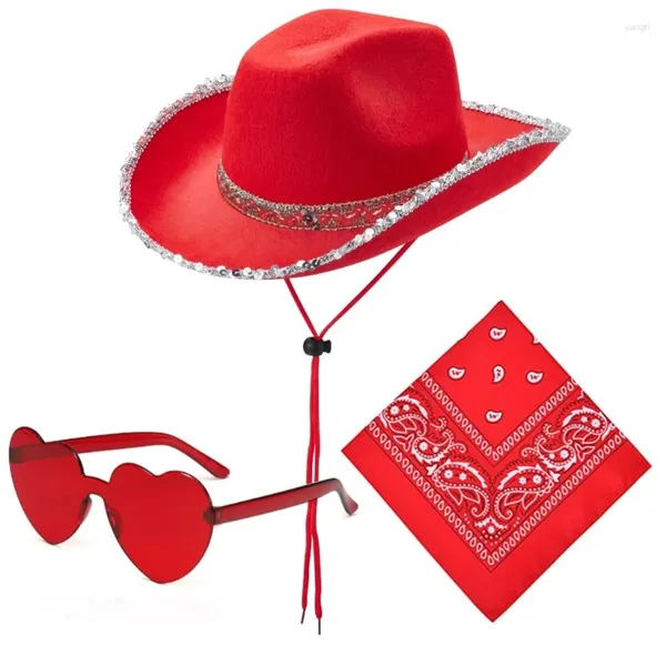 Berretti Cappello da cowboy stile occidentale per addio al nubilato Cappelli da cowgirl Sciarpa Occhiali da sole Costume Copricapo femminile Night Club Party Outfit
