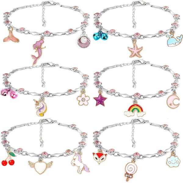 Conjunto de metal frisado meninas sereia unicórnio flor nuvem arco-íris pingente pulseira joias para crianças