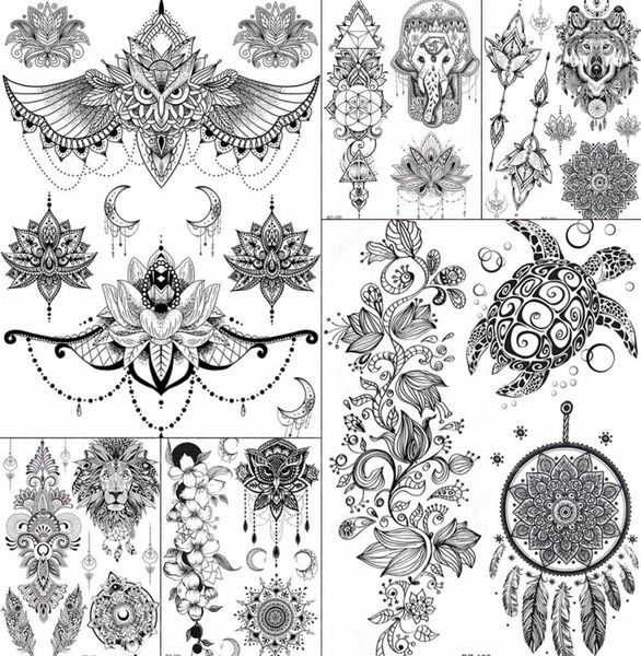 Kadın Kız Büyük Kol Baykuş Sahte Dövme Geçici Mandala Çiçek Henna Hindistan Tatoo Stickers Özel Siyah Kaplumbağa Dövmeleri Kızlar8565788