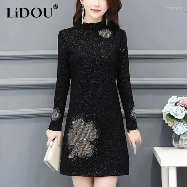 Vestidos casuais outono inverno gola diamons lantejoulas mini vestido feminino manga longa elegante moda oversized robe mulheres adicionar pelúcia