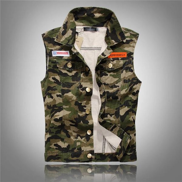 Herbst männer Camouflage Denim Westen Militär Ärmellose Jeans Jacken Mode Lässig Männliche Weste Camo Westen Homme M-5XL 240110