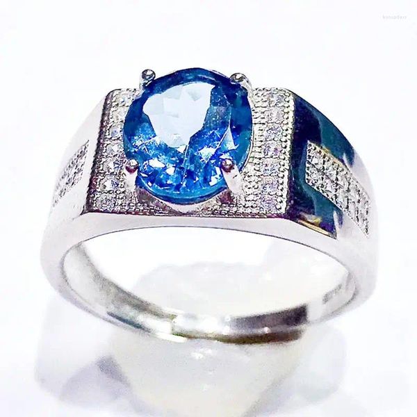 Кольца кластера Мужское кольцо Натуральный настоящий синий топаз Овальный стиль Стерлинговое серебро 925 пробы 8 10 мм 3,5 карата Драгоценный камень Ювелирные изделия X239260