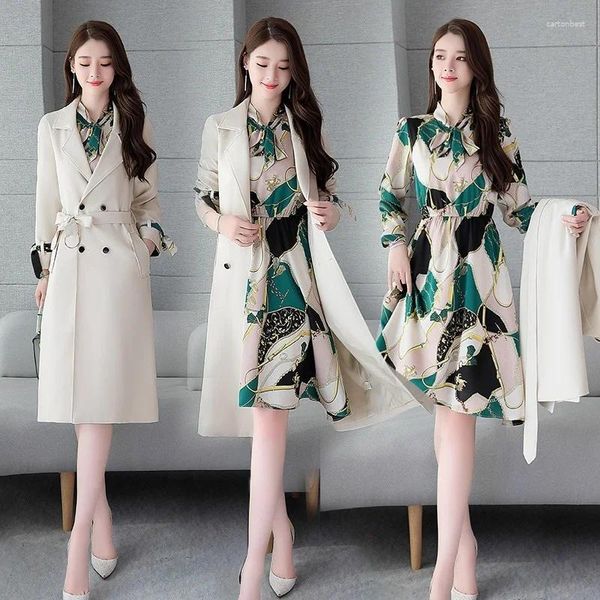 Abiti da lavoro Abito da donna elegante chic in due pezzi per cappotto lungo da donna e giacca con fusciacche alla moda coreana con set di abiti con stampa floreale