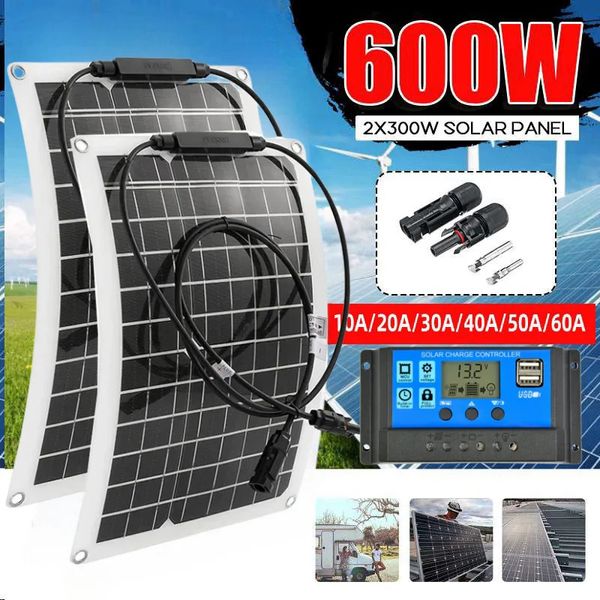 Painel solar 300W 600W 18V flexível com controlador 10A60A adequado para telefones celulares, carro e carregador de RV 240110