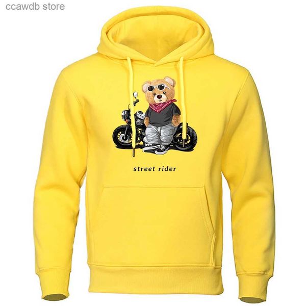 Moletom Com Capuz Masculino Moletom Com Capuz Entusiasta Da Motocicleta Street Rider Engraçado Homens Teddy Bear Moletom Personalidade Casual Com Capuz Solto Oversized Com Capuz Masculino T240110