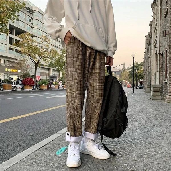 Damenhosen GIDYQ Y2K Plaid Frauen High Street Lose Gerade Casual Hosen Hong Kong Vintage Streetwear Paar Breite Bein Neun