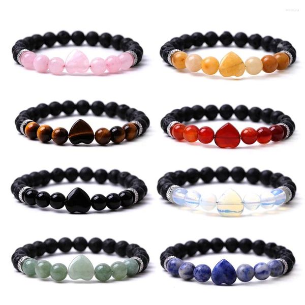 Charm-Armbänder, 10 Stück, 8 mm, schwarzer Lavastein, natürlicher Rosenquarz, Topas, Tigerauge, Achat, Herz-Armband, Stretch-Schmuck für Frauen und Männer